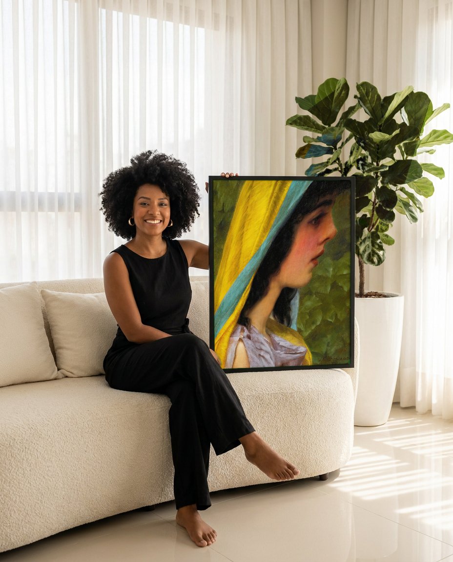 Quadro Decorativo A Jovem de Manto Amarelo - Godward com modelo em ambiente