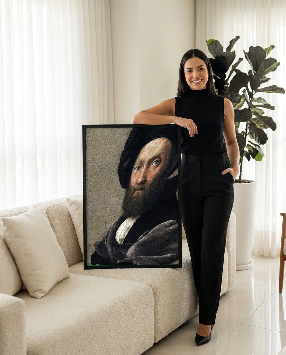 Quadro Decorativo Retrato de Baldassare Castiglione - Rafael com modelo em ambiente