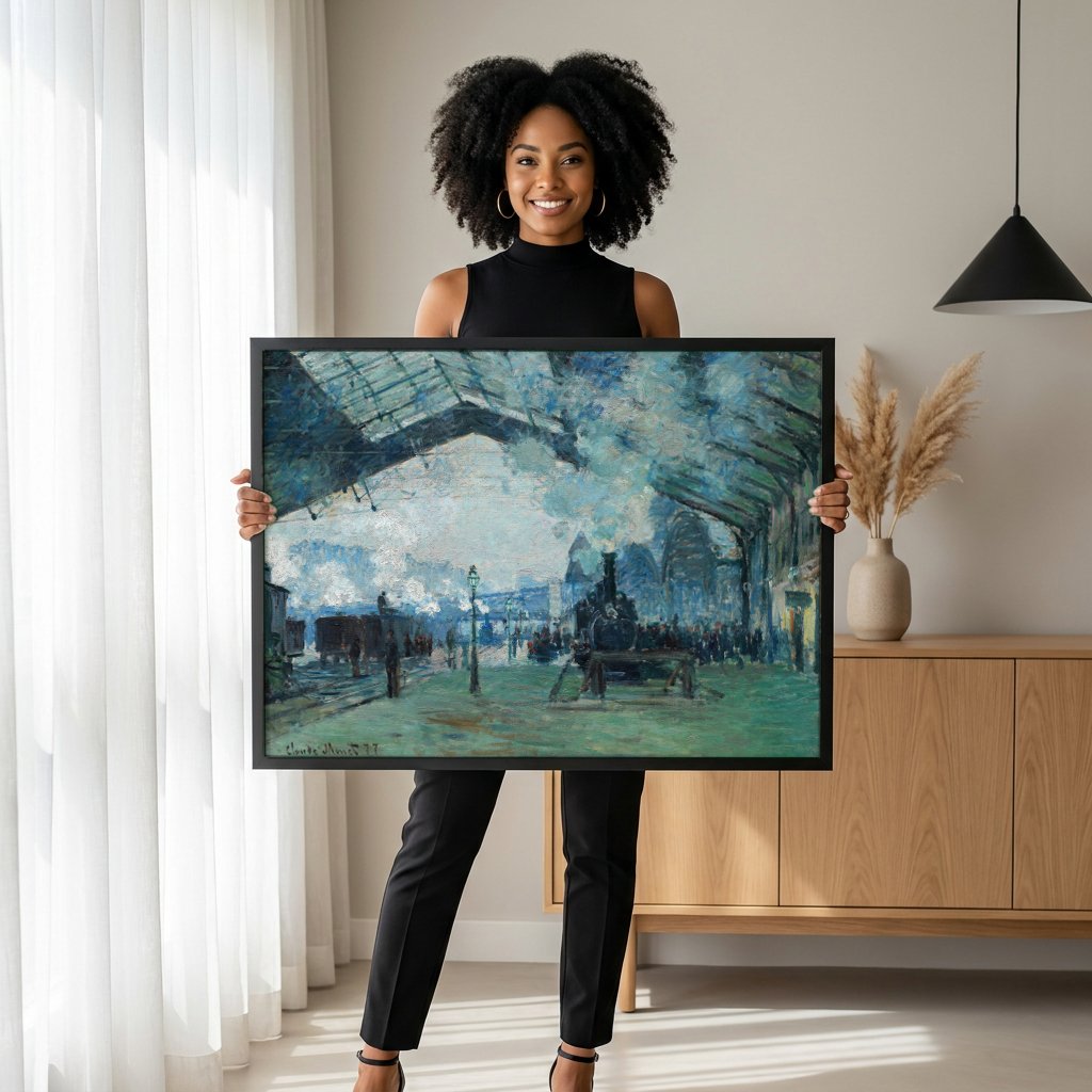 Quadro Decorativo A Estação Saint-Lazare - Claude Monet com modelo em ambiente
