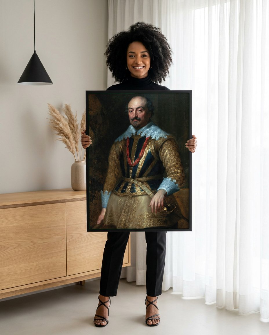 Quadro Decorativo Retrato de Baldassare Castiglione - Van Dyck com modelo em ambiente