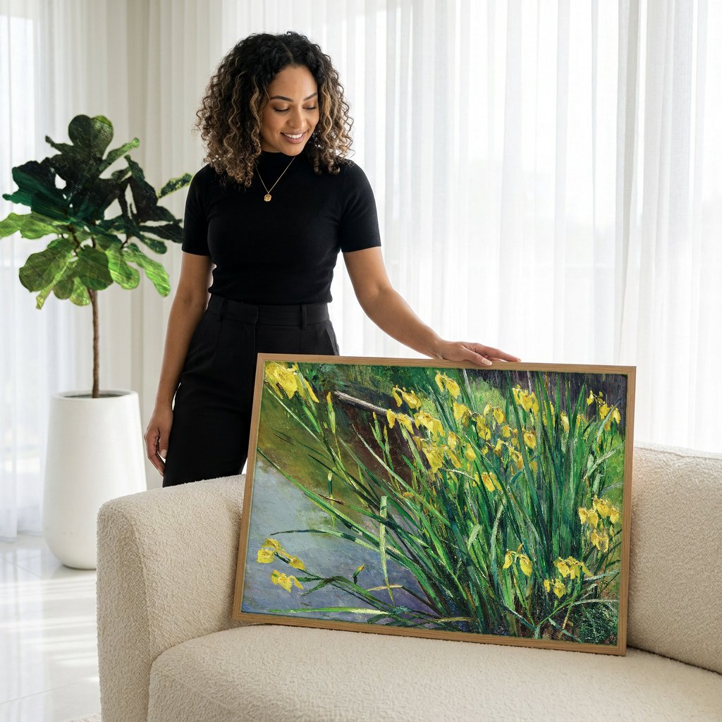 Quadro Decorativo Jardins de Irises - Marie Egner com modelo em ambiente