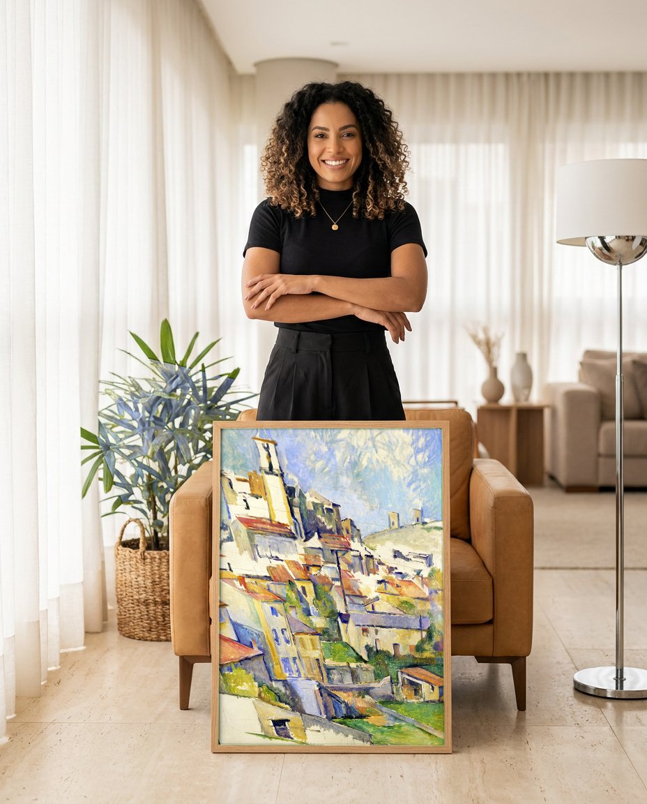 Quadro Decorativo Vilarejo com Campanário - Paul Cézanne com modelo em ambiente
