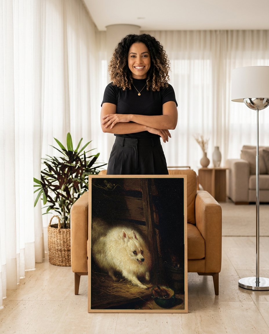 Quadro Decorativo Cão Defendendo Passarinho - Henriëtte Ronner-Knip com modelo em ambiente