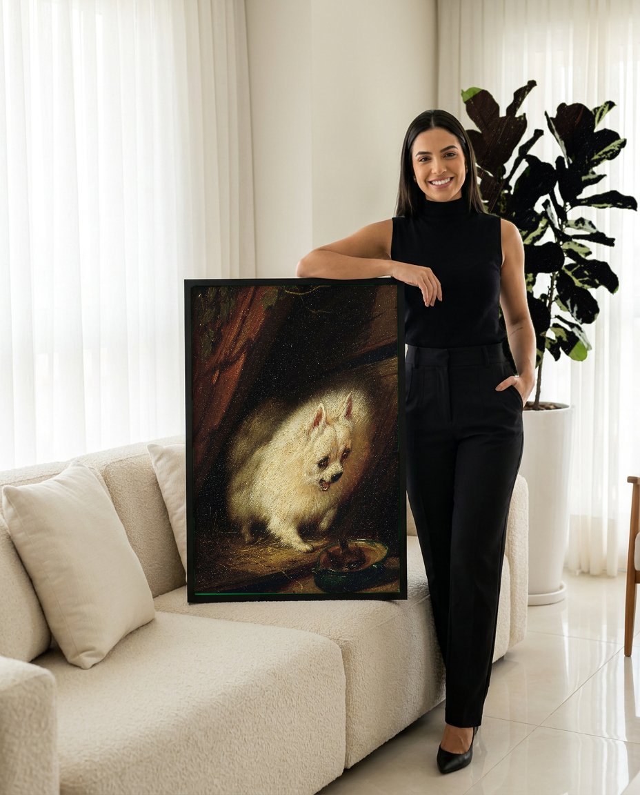 Quadro Decorativo Cão Defendendo Passarinho - Henriëtte Ronner-Knip com modelo em ambiente