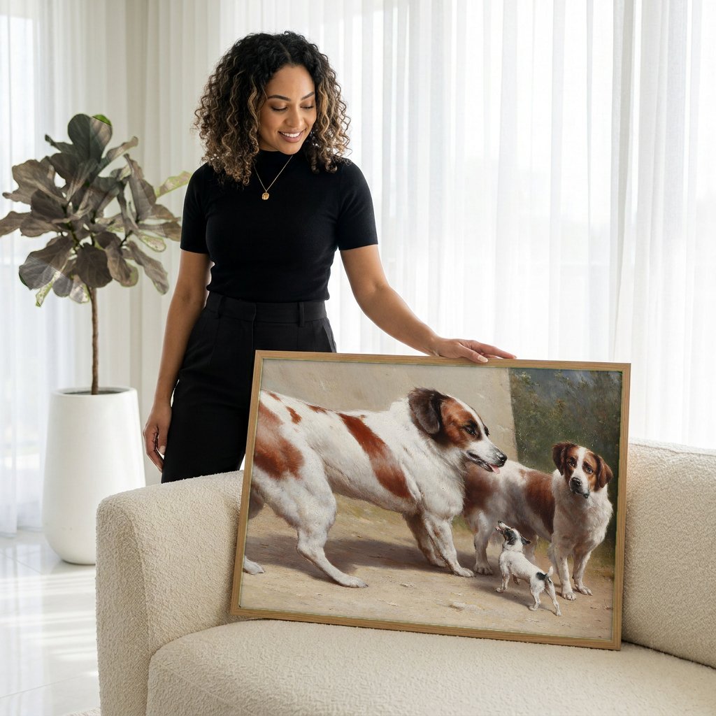 Quadro Decorativo Cães de Companhia - Carl Reichert com modelo em ambiente