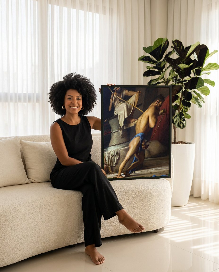 Quadro Decorativo Sansão no Moinho - Carl Bloch com modelo em ambiente