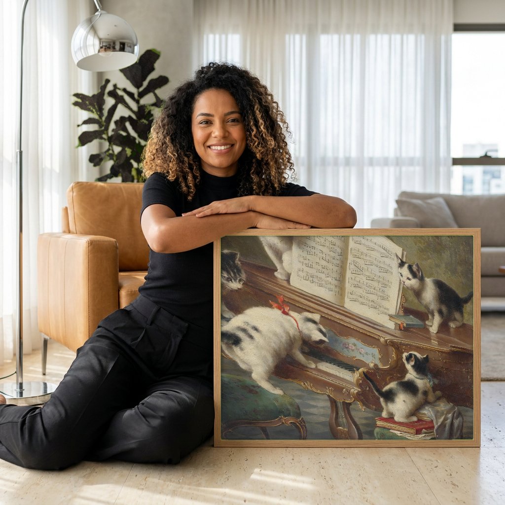 Quadro Decorativo Gatinhos ao Piano - Carl Reichert com modelo em ambiente