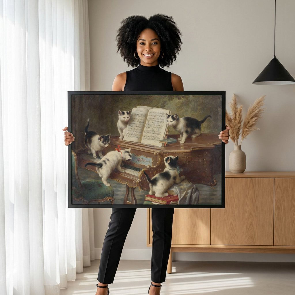 Quadro Decorativo Gatinhos ao Piano - Carl Reichert com modelo em ambiente