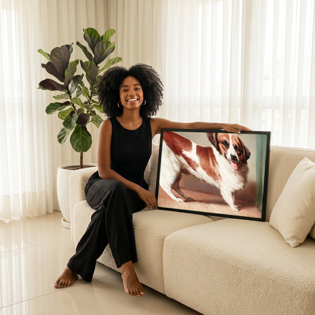 Quadro Decorativo Cão São Bernardo - Carl Reichert com modelo em ambiente