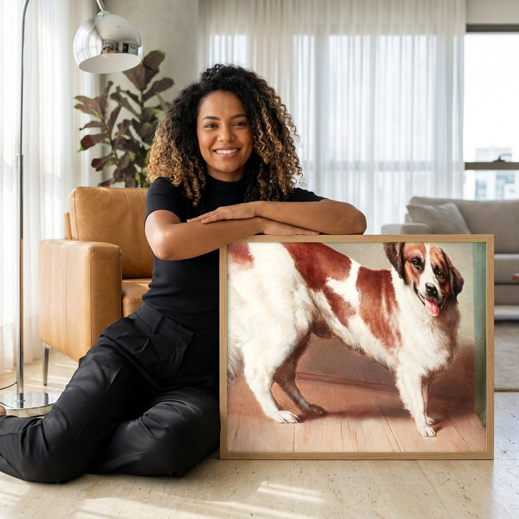 Quadro Decorativo Cão São Bernardo - Carl Reichert com modelo em ambiente