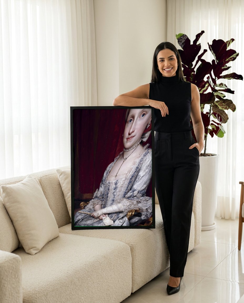 Quadro Decorativo Retrato da Rainha Carlota - Anton Raphael Mengs com modelo em ambiente