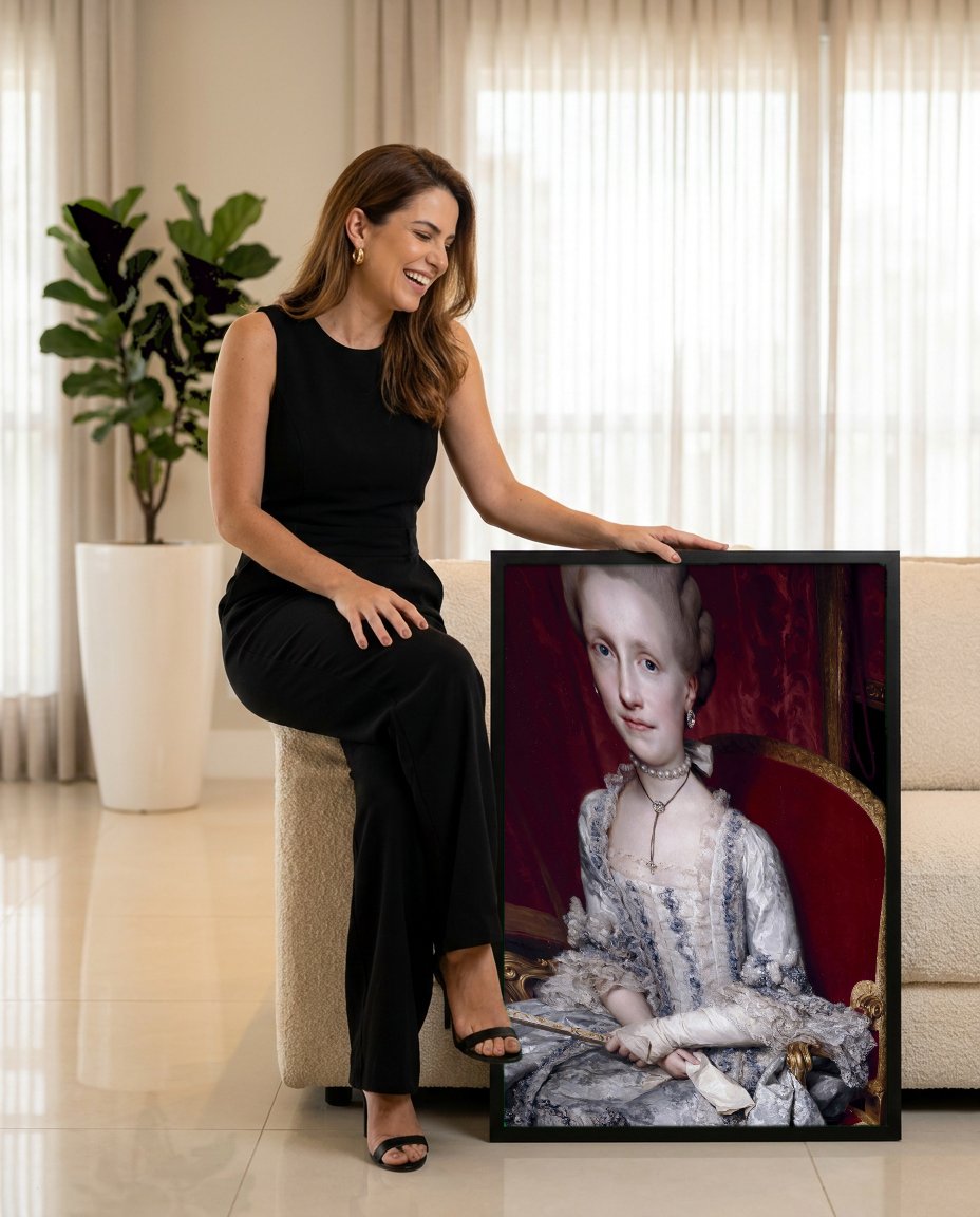 Quadro Decorativo Retrato da Rainha Carlota - Anton Raphael Mengs com modelo em ambiente