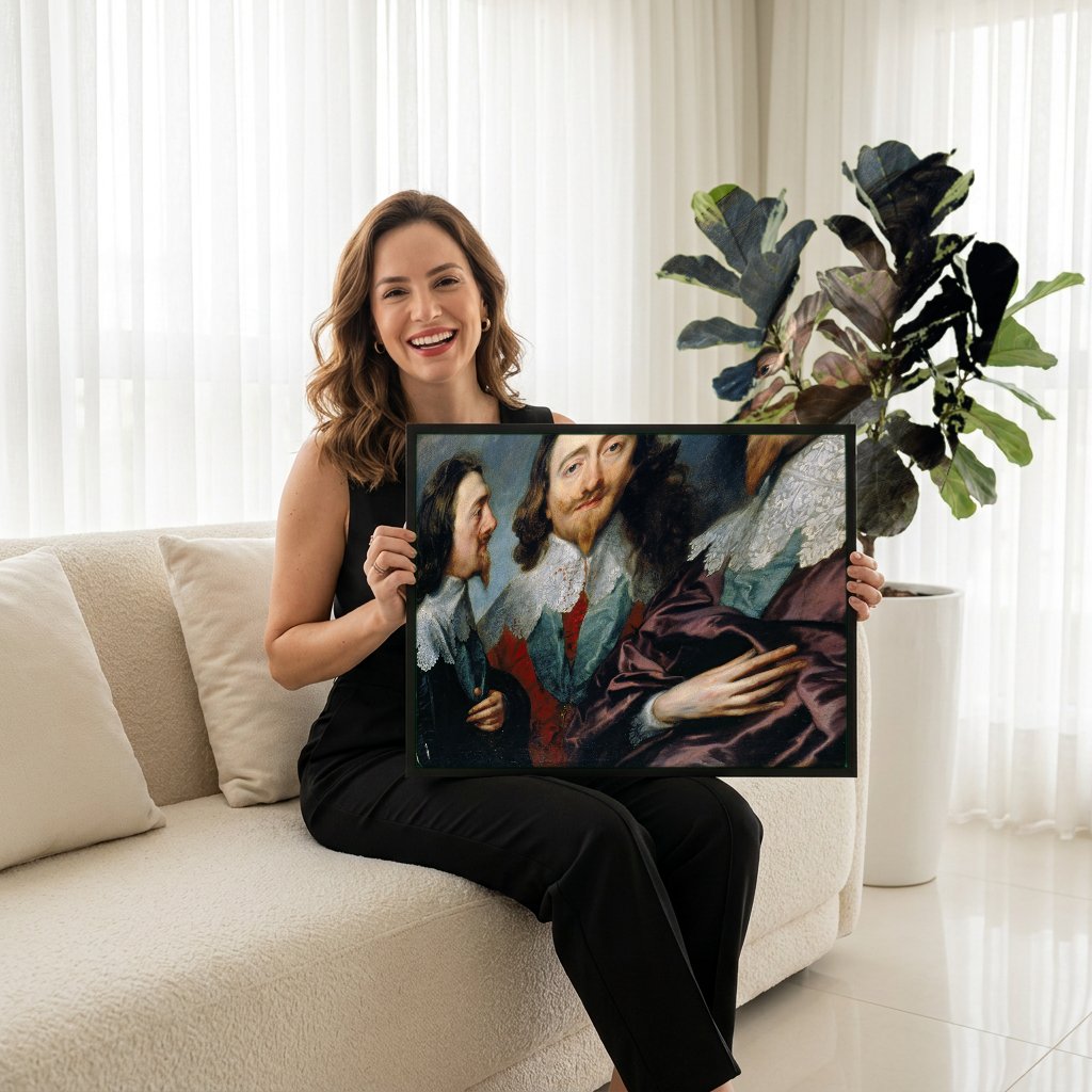 Quadro Decorativo Triplo Retrato de Carlos I - Van Dyck com modelo em ambiente