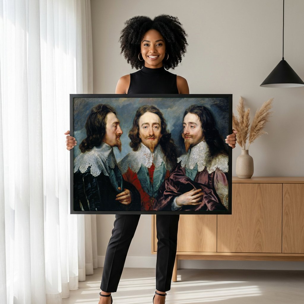 Quadro Decorativo Triplo Retrato de Carlos I - Van Dyck com modelo em ambiente