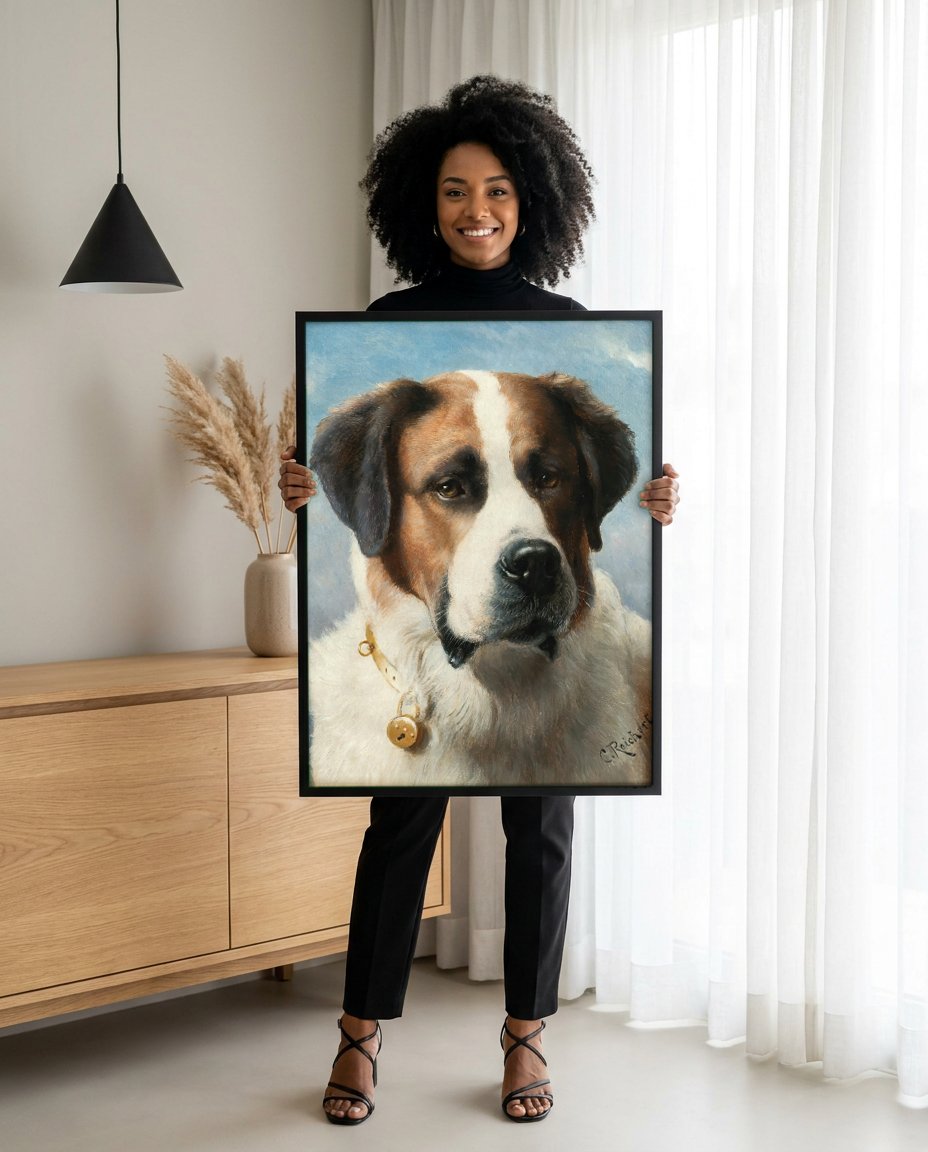 Quadro Decorativo Cão São Bernardo - Carl Reichert com modelo em ambiente