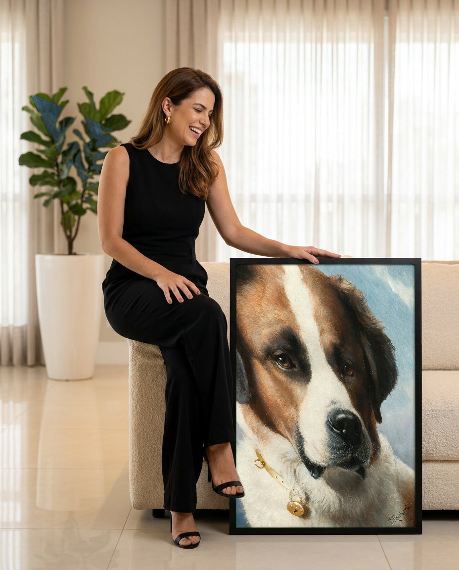 Quadro Decorativo Cão São Bernardo - Carl Reichert com modelo em ambiente