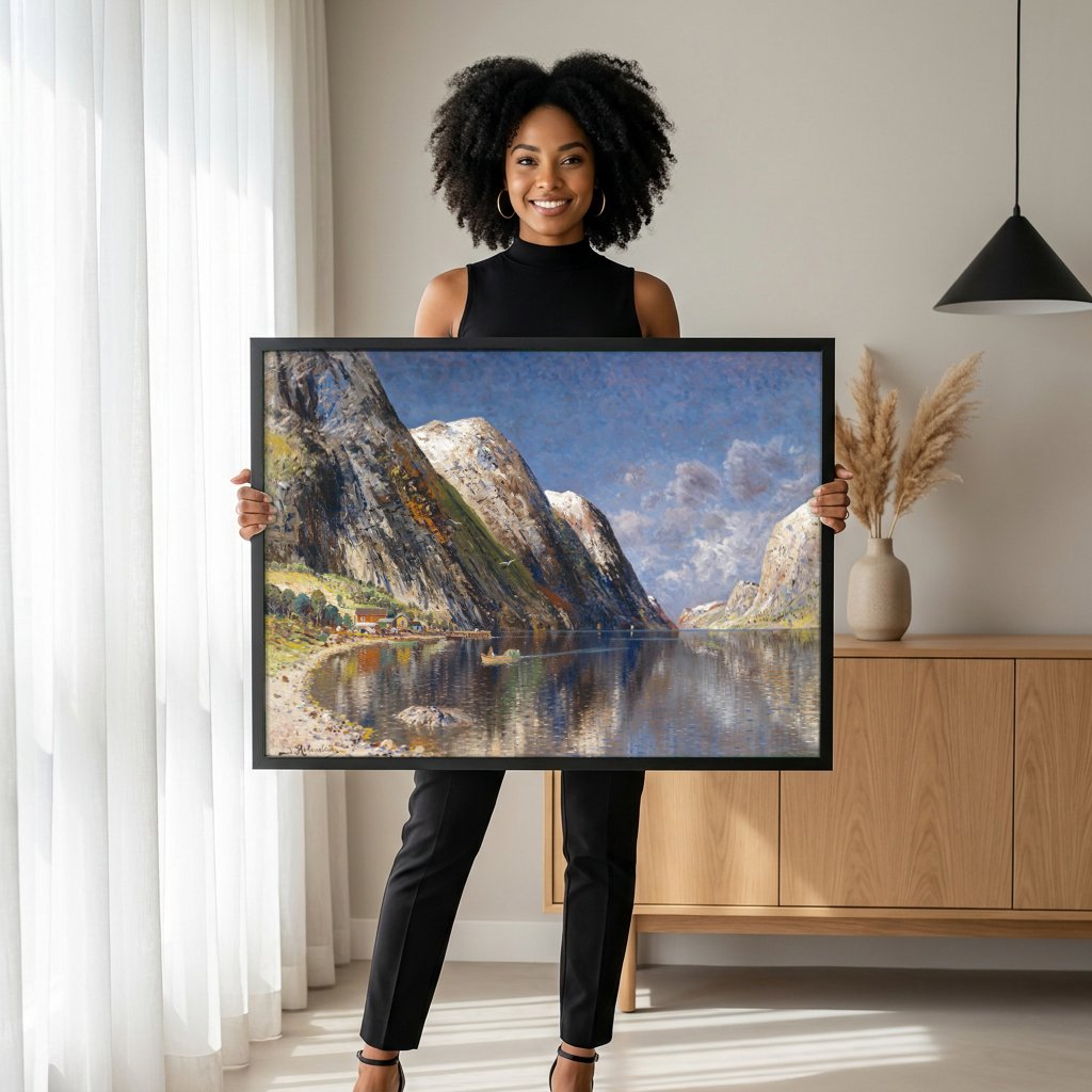 Quadro Decorativo Fiorde Norueguês - Karl Kaufmann com modelo em ambiente