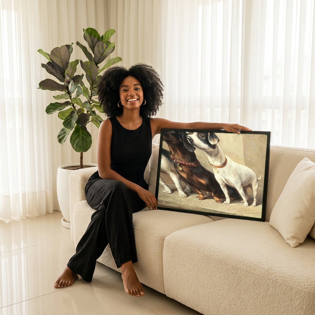 Quadro Decorativo Cães de Companhia - Carl Reichert com modelo em ambiente