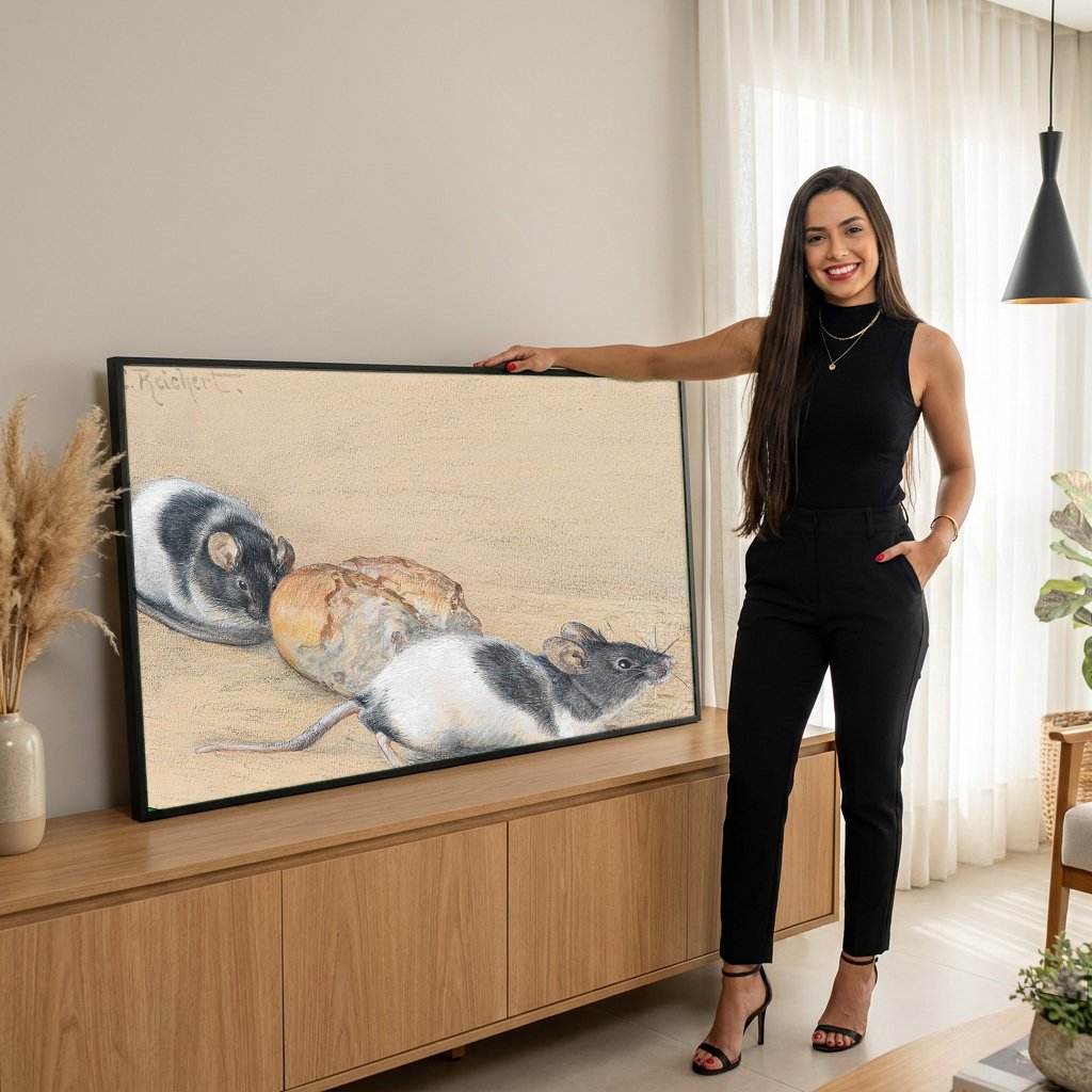 Quadro Decorativo Ratinhos Curiosos - Carl Reichert com modelo em ambiente