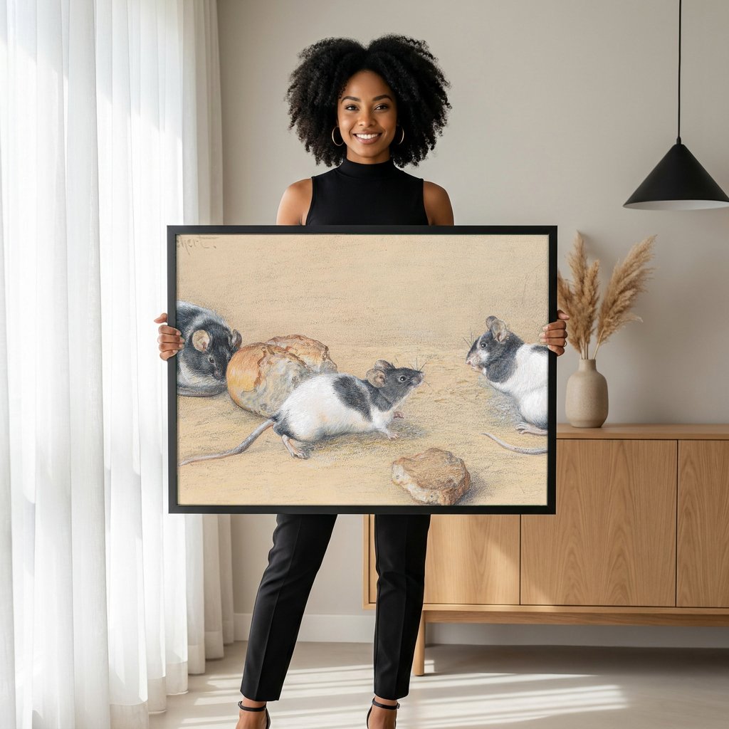 Quadro Decorativo Ratinhos Curiosos - Carl Reichert com modelo em ambiente