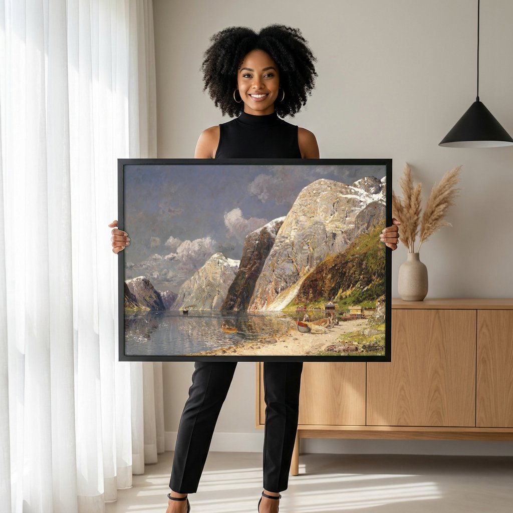 Quadro Decorativo Fiorde Norueguês - Karl Kaufmann com modelo em ambiente