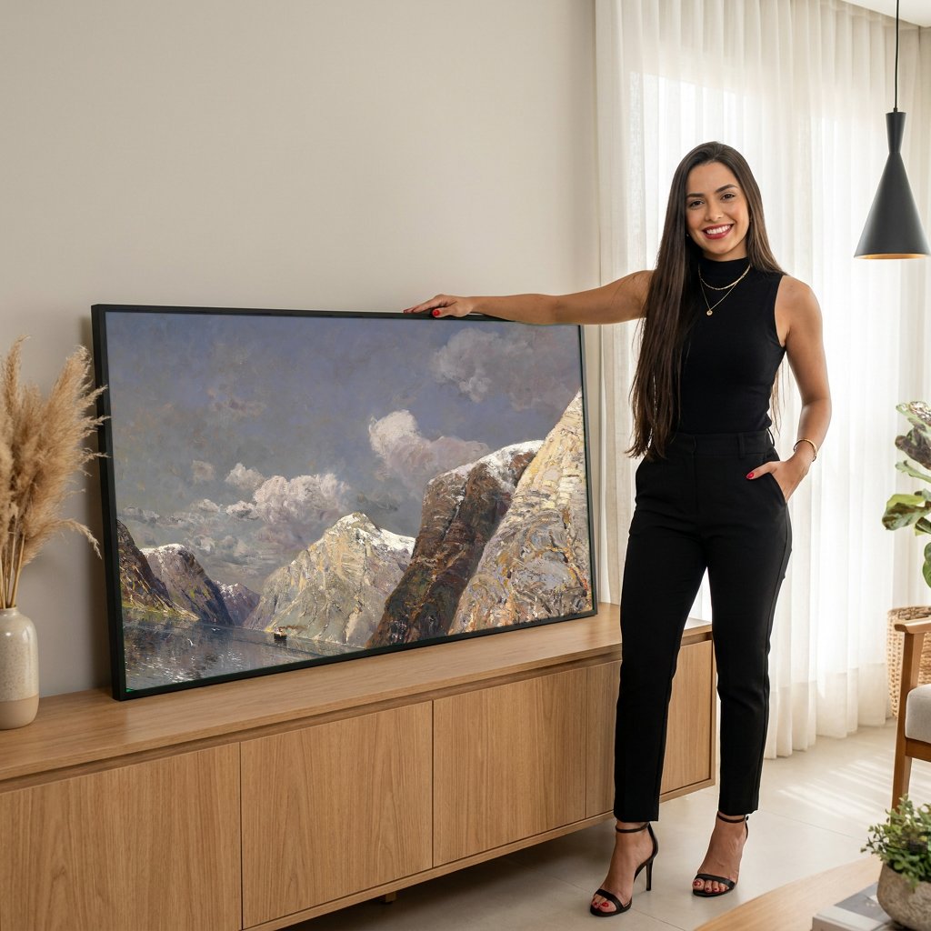Quadro Decorativo Fiorde Norueguês - Karl Kaufmann com modelo em ambiente