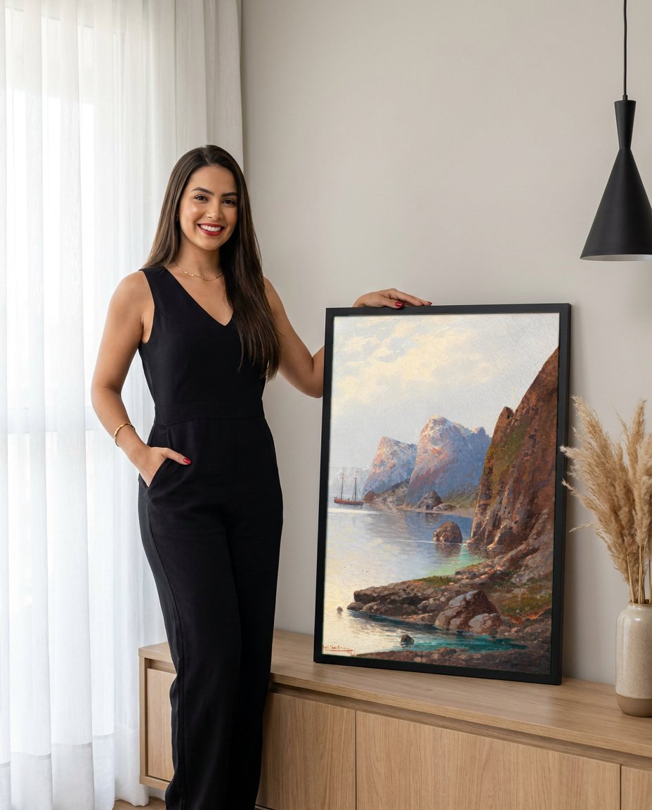 Quadro Decorativo Fiorde Norueguês - Karl Kaufmann com modelo em ambiente