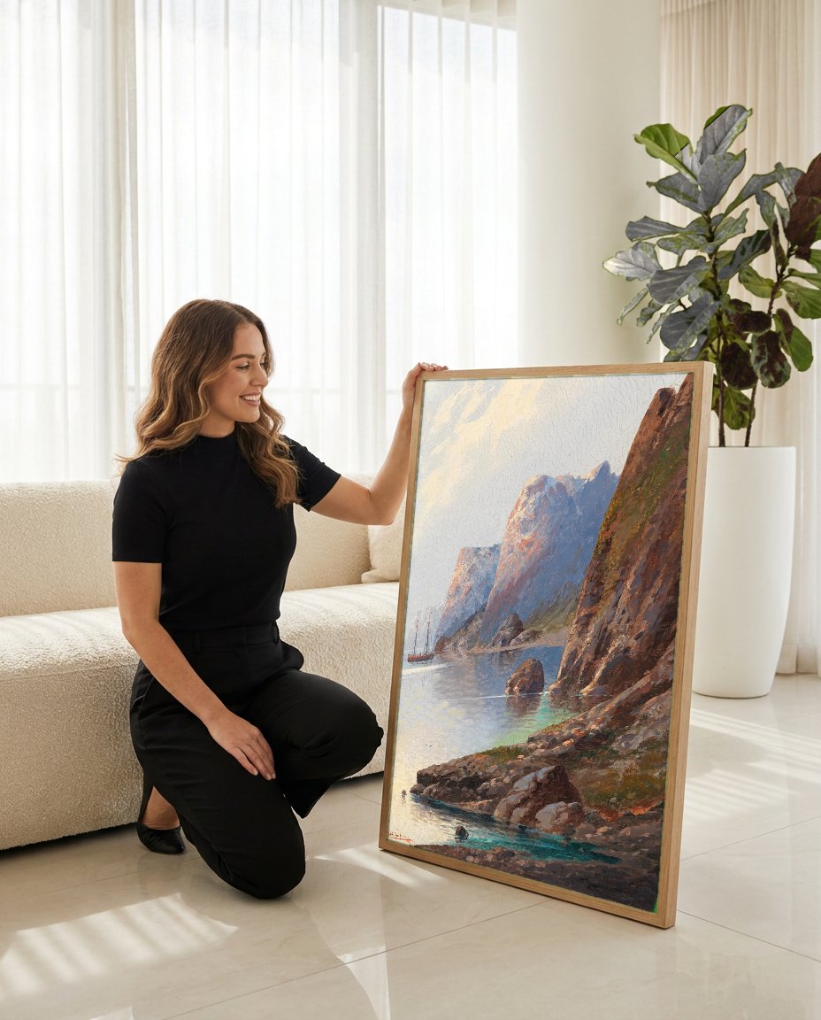 Quadro Decorativo Fiorde Norueguês - Karl Kaufmann com modelo em ambiente