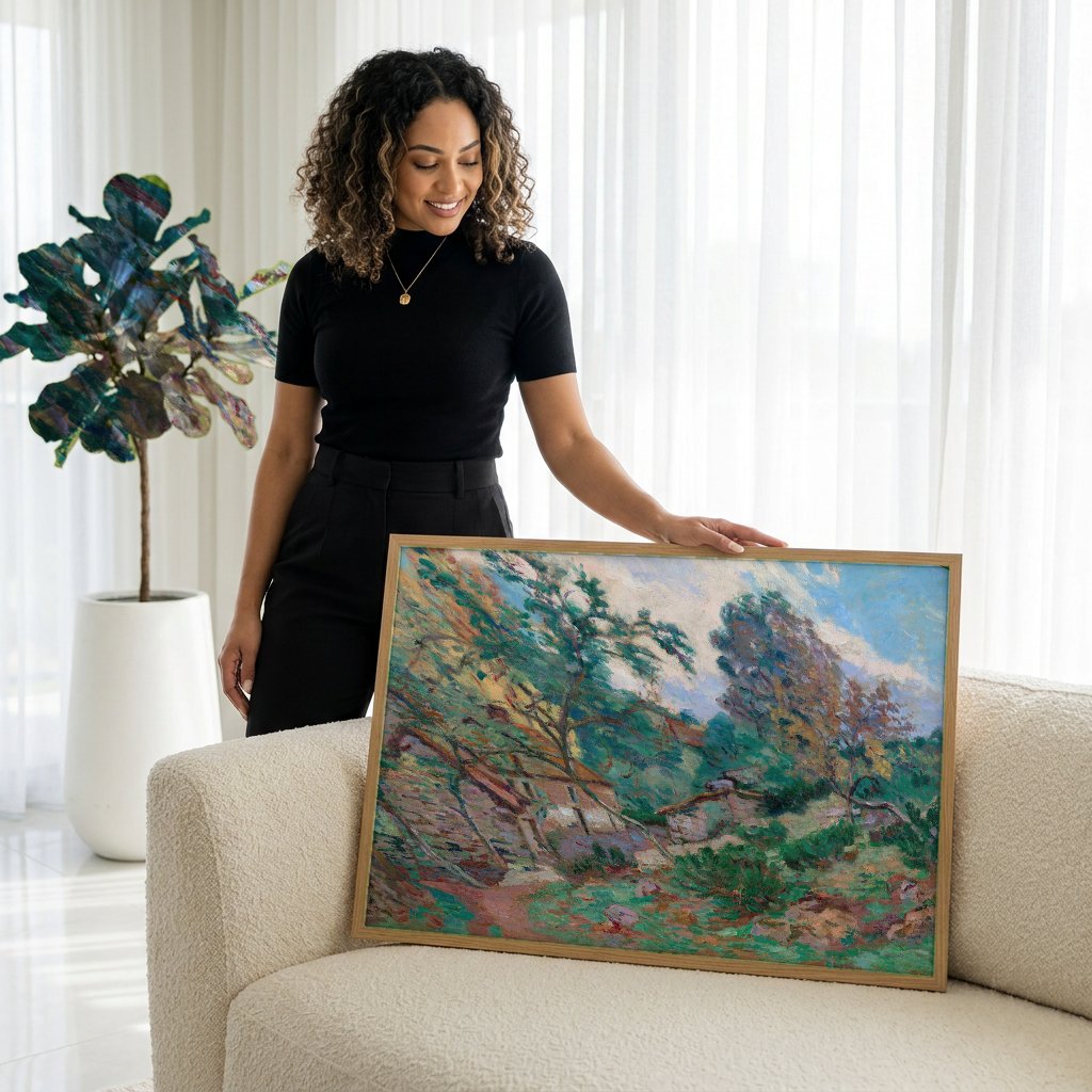 Quadro Decorativo Paisagem com Casas - Armand Guillaumin com modelo em ambiente