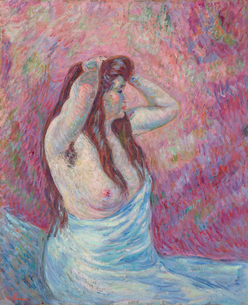 Pintura a óleo de Armand Guillaumin representando uma mulher nua de costas, com cabelos longos e ruivos, segurando-os acima da cabeça. O fundo é vibrante, em tons de rosa e roxo, e a mulher está parcialmente coberta por um tecido azul claro.