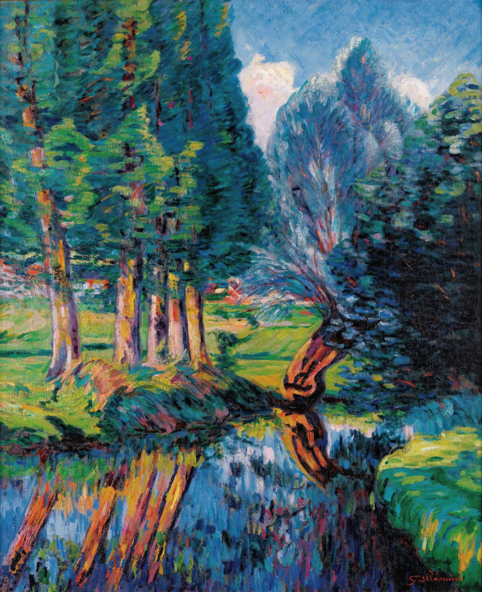 Pintura a óleo de uma paisagem com árvores verdes e azuis refletidas em um rio, estilo impressionista, de Armand Guillaumin.