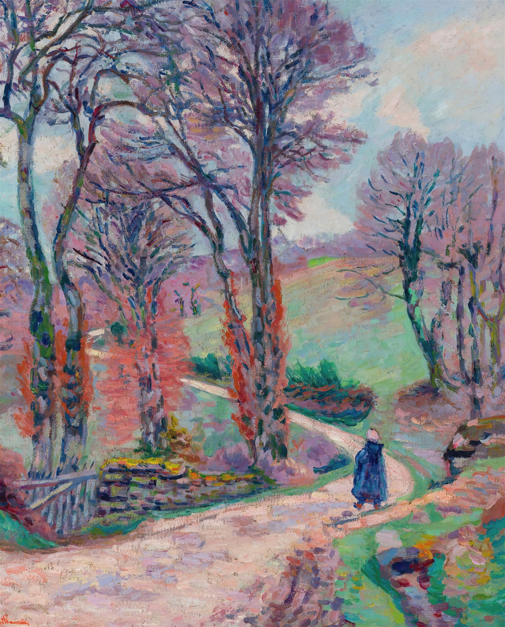 Quadro decorativo com paisagem outonal de Armand Guillaumin, mostrando árvores com folhagem rosada e avermelhada, um caminho sinuoso e uma figura caminhando. Cores vibrantes e pinceladas expressivas.