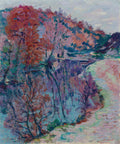 Pintura a óleo de Armand Guillaumin retratando uma paisagem outonal com árvores de folhagem avermelhada e rosada refletidas em um rio de tons azuis e roxos, sob um céu claro.