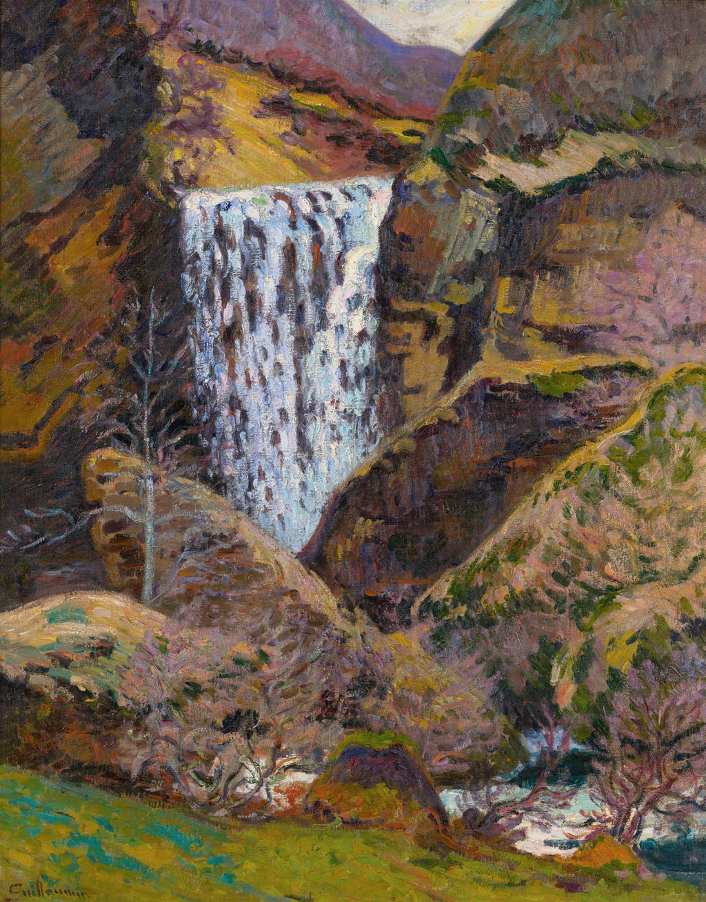 Quadro decorativo mostrando uma cachoeira em meio a montanhas e vegetação densa, com pinceladas vibrantes e textura rica, de Armand Guillaumin.
