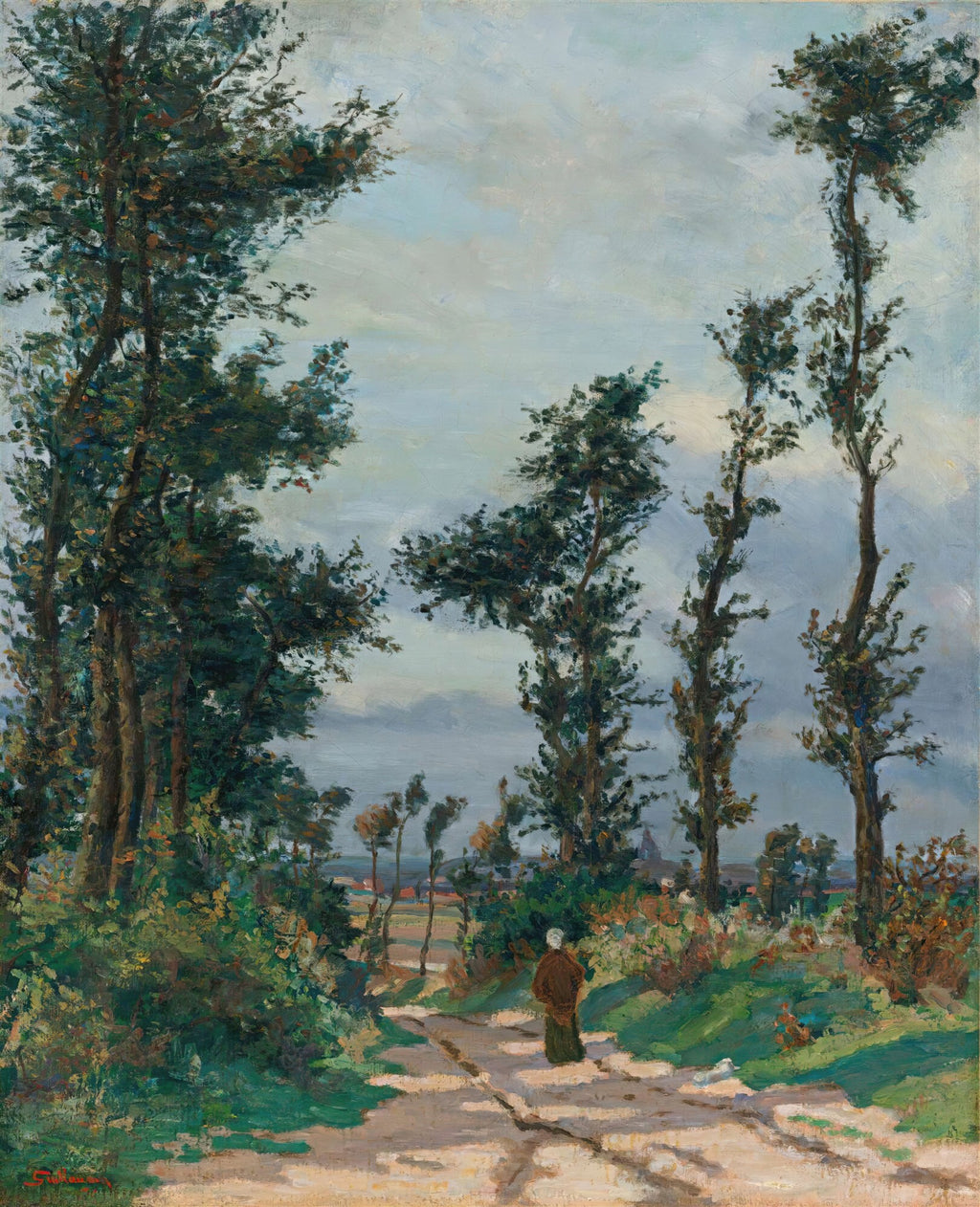Quadro decorativo com pintura impressionista de Armand Guillaumin, retratando um caminho de terra ladeado por árvores altas e esguias. Uma figura solitária caminha no centro, sob um céu nublado com tons de azul e branco. A paisagem é verde e marrom.