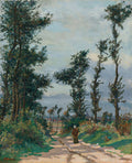 Quadro decorativo com pintura impressionista de Armand Guillaumin, retratando um caminho de terra ladeado por árvores altas e esguias. Uma figura solitária caminha no centro, sob um céu nublado com tons de azul e branco. A paisagem é verde e marrom.