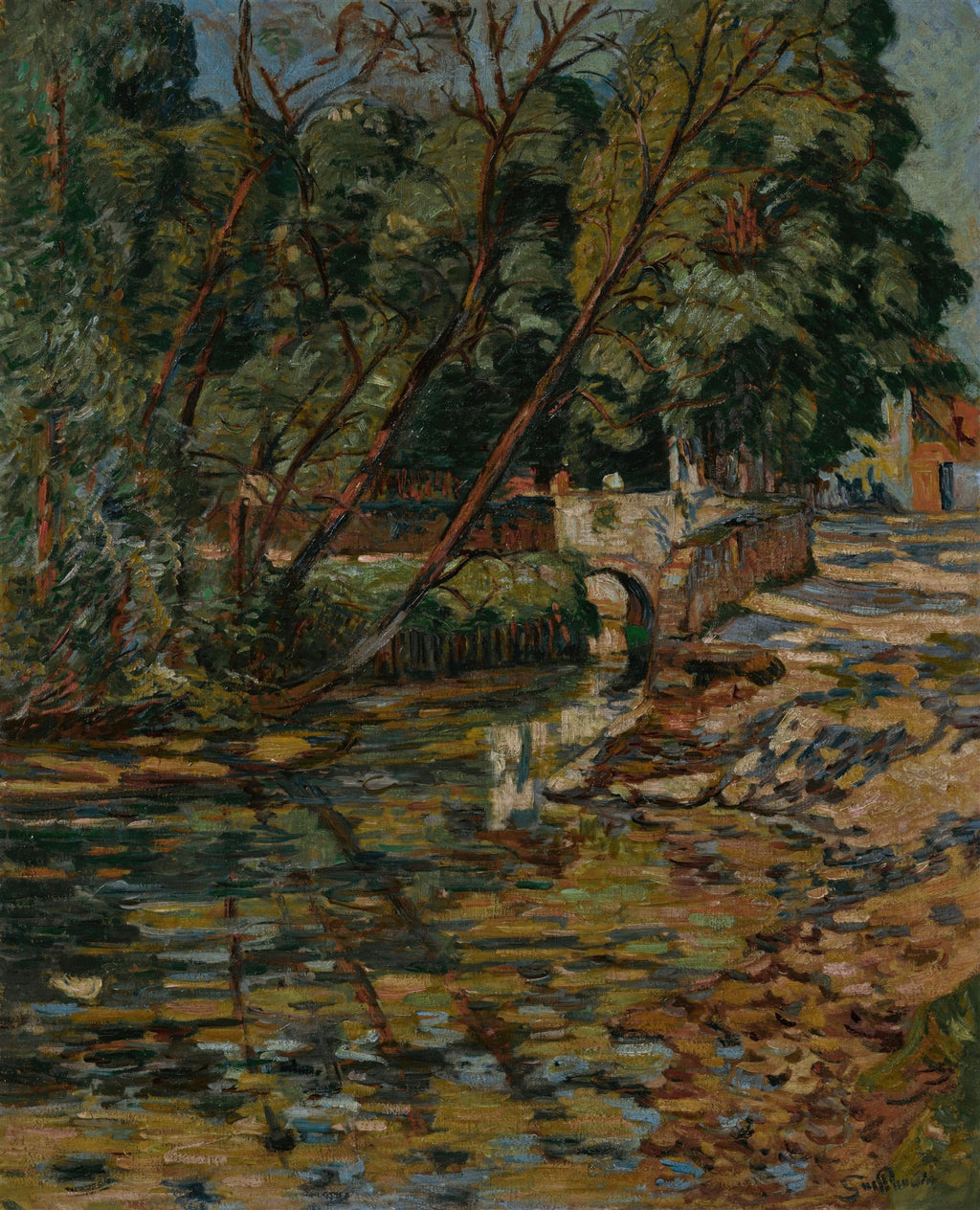 Pintura a óleo de Armand Guillaumin mostrando uma paisagem com árvores, um riacho com reflexos e uma ponte de pedra em tons de verde, marrom e azul.