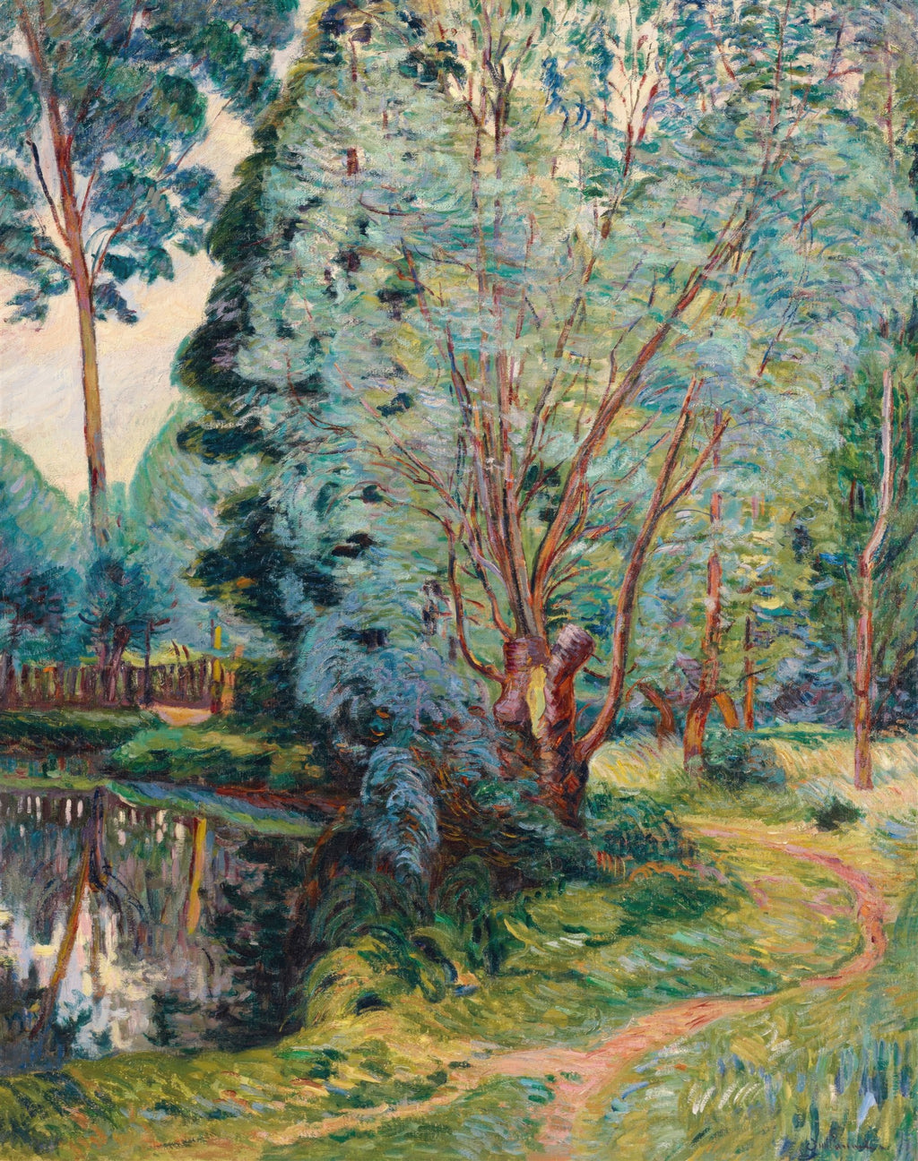 Pintura de paisagem florestal vibrante com árvores altas, um riacho refletindo o céu e um caminho sinuoso. Cores predominantes são verdes, azuis e tons terrosos, com pinceladas marcadas no estilo impressionista.