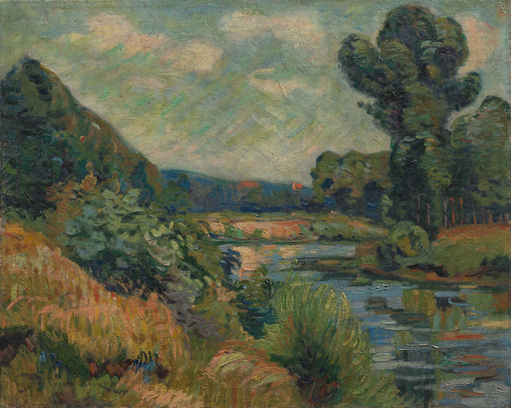 Pintura a óleo atribuída a Armand Guillaumin, mostrando uma paisagem fluvial com colinas verdes e árvores frondosas sob um céu nublado, em estilo impressionista.