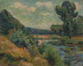 Pintura a óleo atribuída a Armand Guillaumin, mostrando uma paisagem fluvial com colinas verdes e árvores frondosas sob um céu nublado, em estilo impressionista.