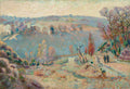 Pintura a óleo de Armand Guillaumin, 'Paysage d'Auvergne, sous la neige', retratando uma paisagem outonal ou invernal com colinas onduladas, árvores desfolhadas e algumas construções distantes. Cores suaves de azul, verde, rosa e marrom.