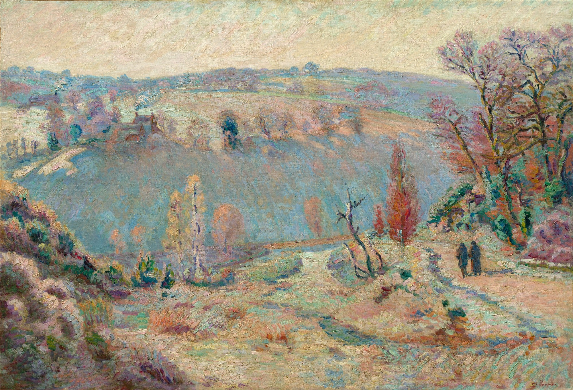 Pintura a óleo de Armand Guillaumin, 'Paysage d'Auvergne, sous la neige', retratando uma paisagem outonal ou invernal com colinas onduladas, árvores desfolhadas e algumas construções distantes. Cores suaves de azul, verde, rosa e marrom.