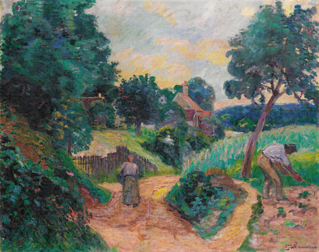Pintura de paisagem rural com árvores, casa, caminho de terra e duas figuras trabalhando na terra, atribuída a Armand Guillaumin