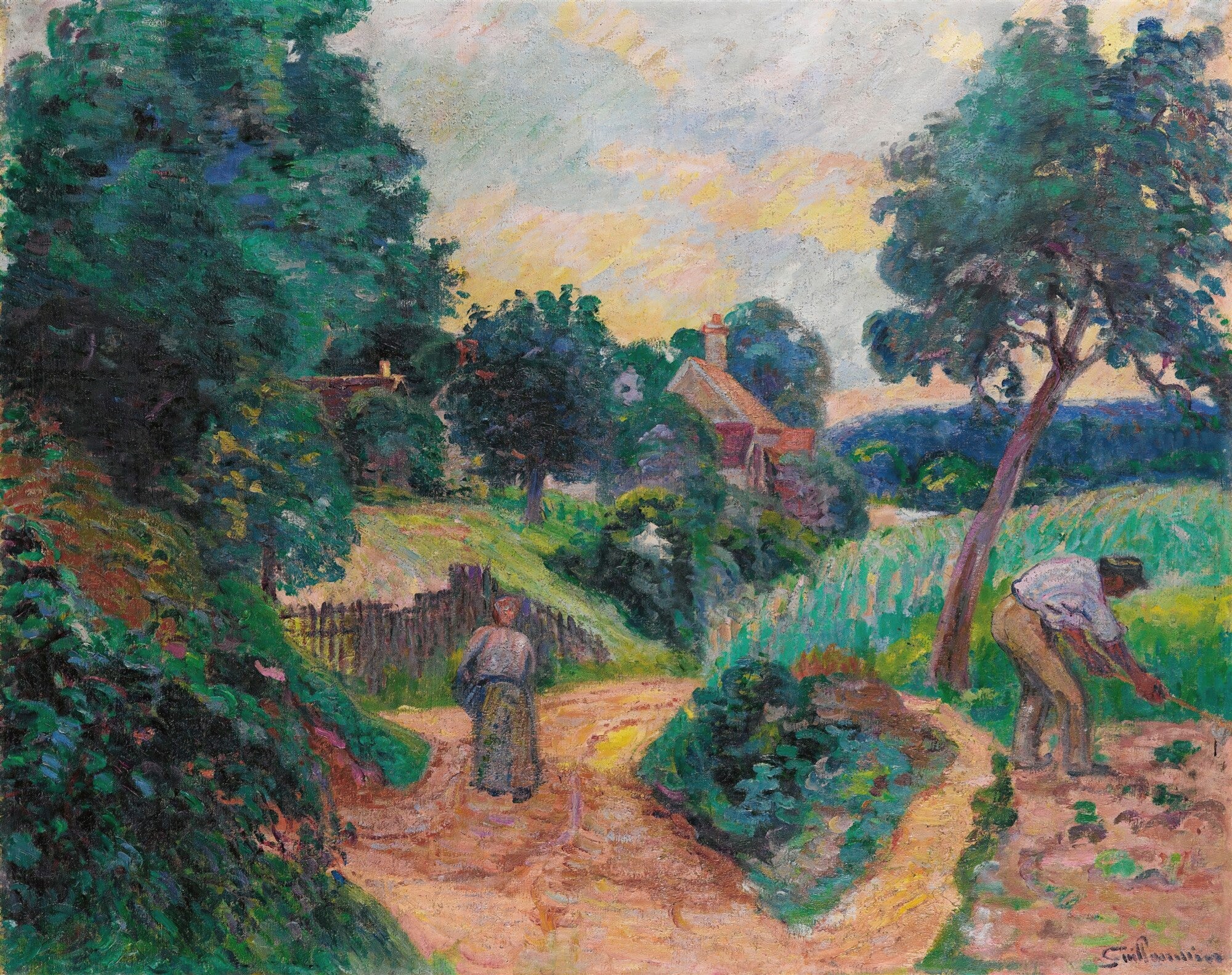 Pintura de paisagem rural com árvores, casa, caminho de terra e duas figuras trabalhando na terra, atribuída a Armand Guillaumin