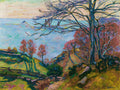 Pintura a óleo de Armand Guillaumin representando uma paisagem costeira com um grande carvalho sem folhas em primeiro plano, folhagens avermelhadas e o mar azul-turquesa ao fundo sob um céu claro.
