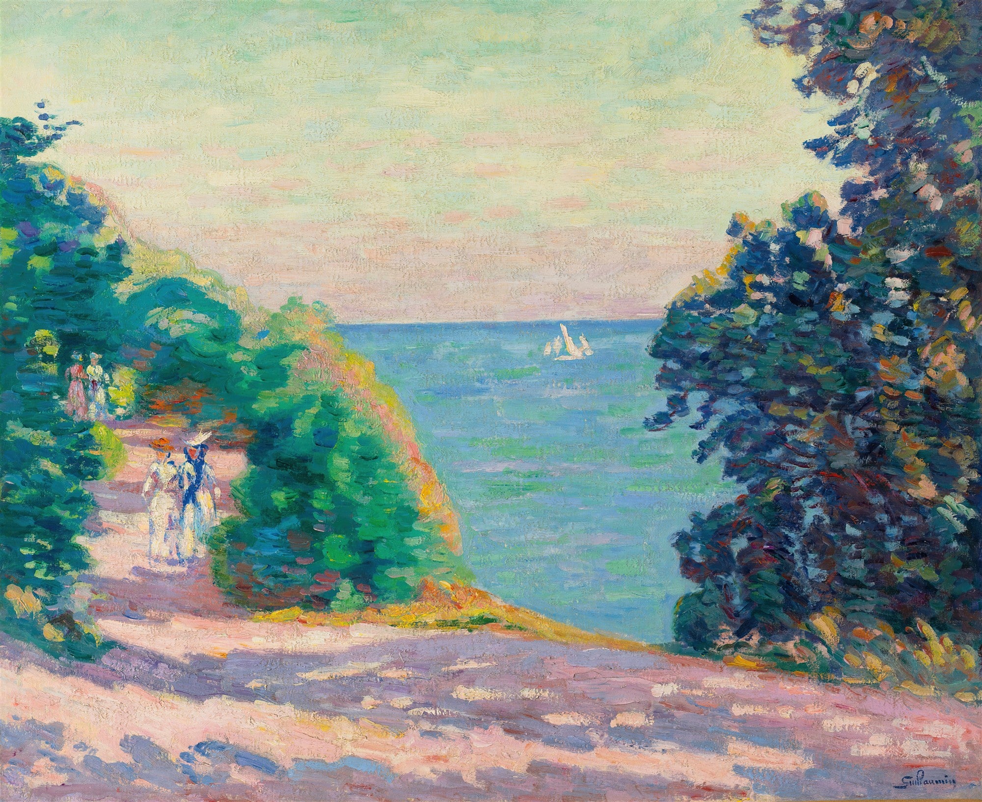 Pintura a óleo de paisagem costeira com caminho, mar azul-turquesa, céu claro, vegetação densa e figuras caminhando, atribuída a Armand Guillaumin.