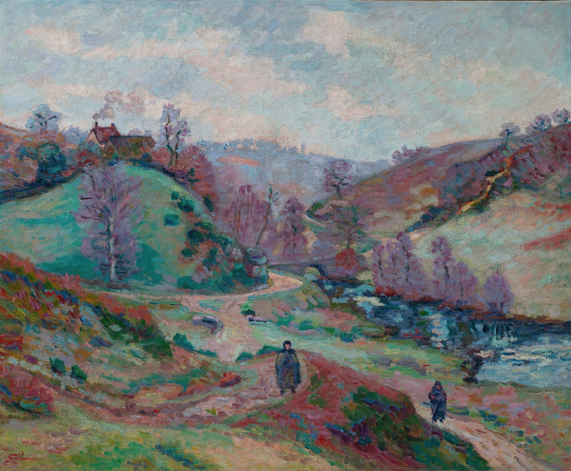 Pintura a óleo de Armand Guillaumin, paisagem impressionista com vale, rio, ponte, casa e figuras caminhando em tons de rosa, azul e verde.