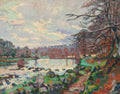 Pintura de paisagem outonal com rio, árvores e céu nublado, estilo impressionista, por Armand Guillaumin.