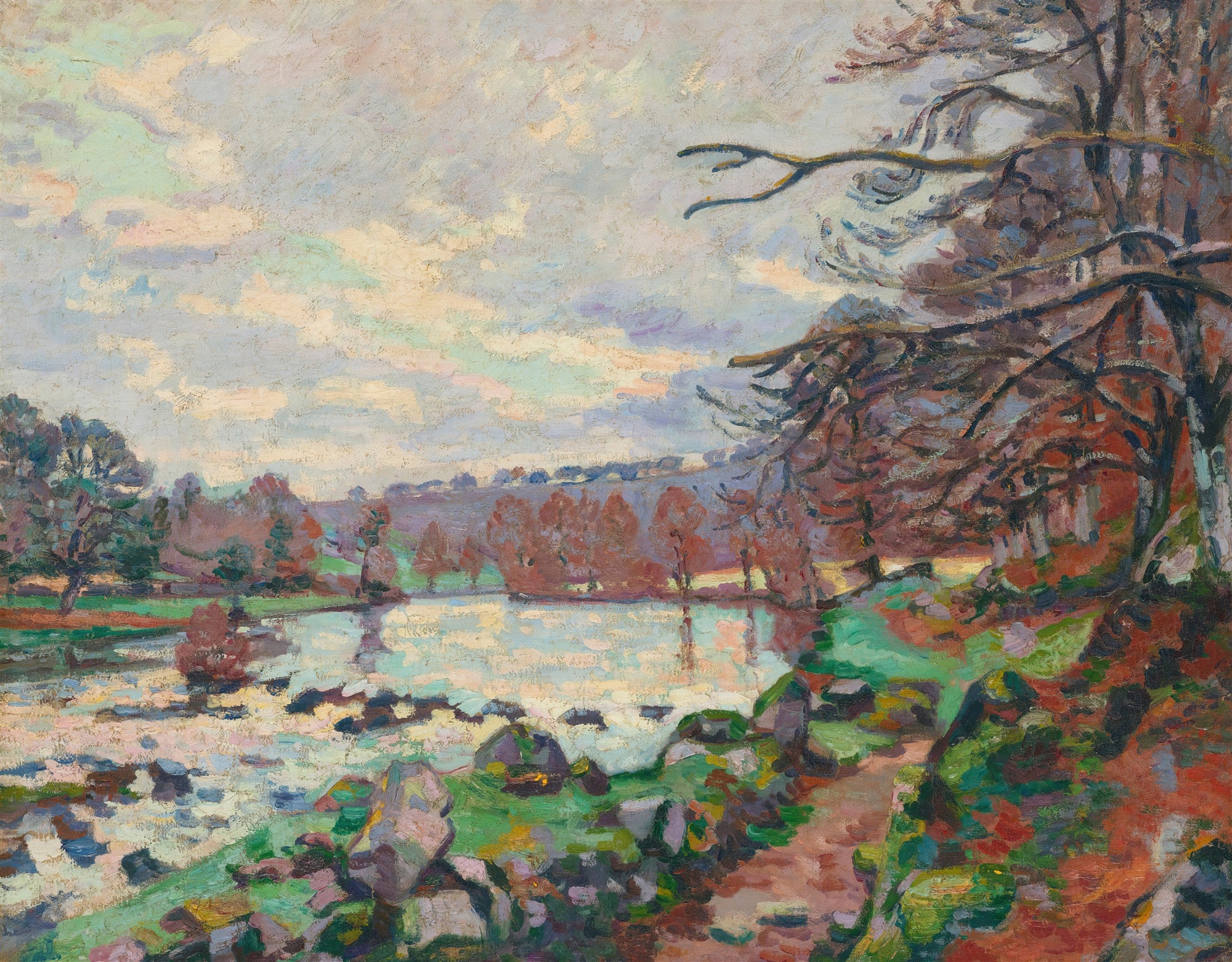 Pintura de paisagem outonal com rio, árvores e céu nublado, estilo impressionista, por Armand Guillaumin.