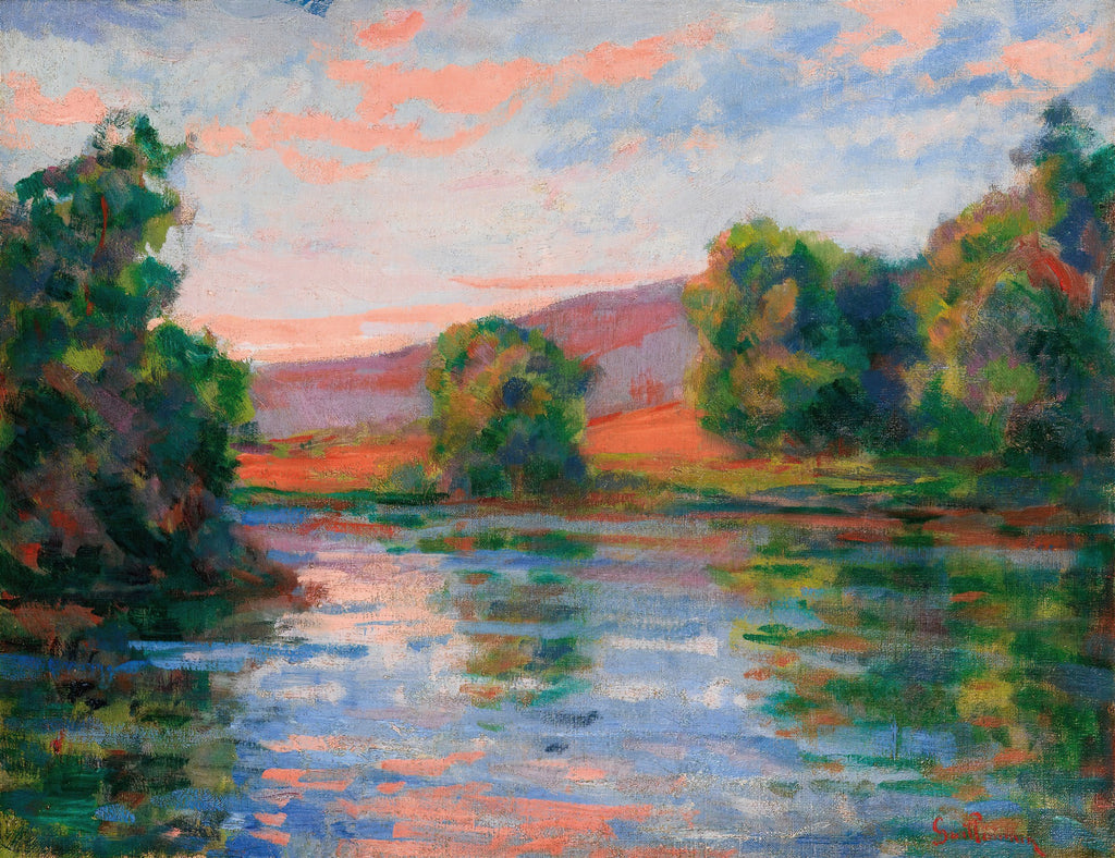 Pintura a óleo de Armand Guillaumin, paisagem impressionista com rio ao entardecer, céu rosado e árvores verdes exuberantes. Reflexos de cor na água.